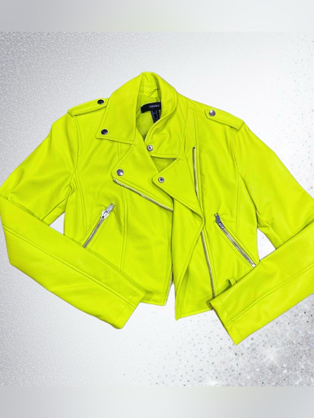F21 Neon Green Glam Punk Faux Leather Motorcycle Biker Jacket